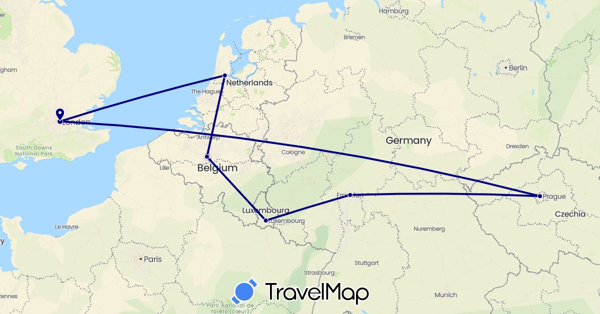 TravelMap itinerary: driving in Belgium, Czech Republic, Germany, United Kingdom, Luxembourg, Netherlands (Europe)